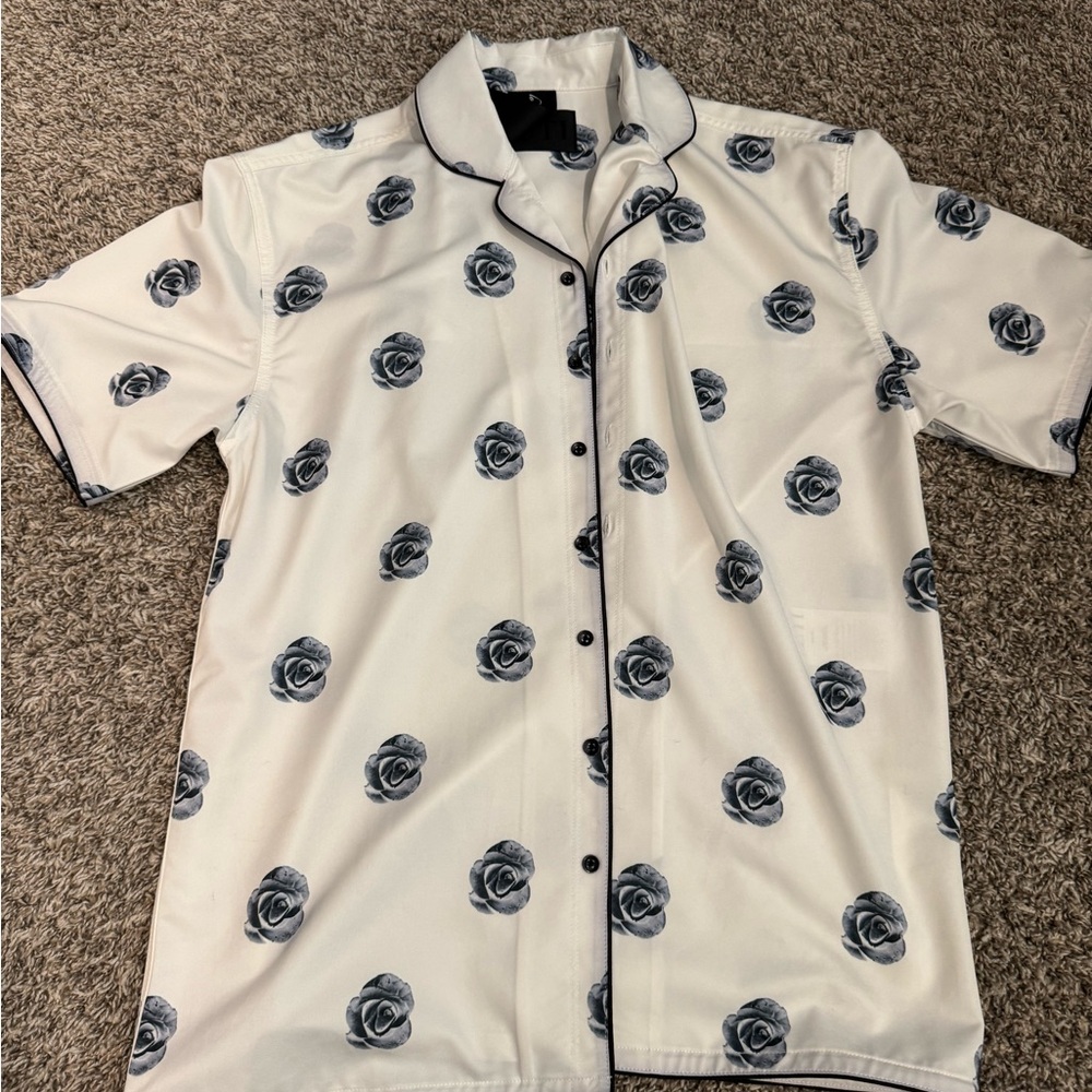 Men's White and Black Floral Shirt